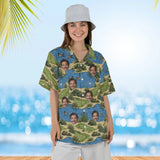 Woman wearing the Sand Trap Disaster Funny Hawaiian Golf Shirt with custom faces