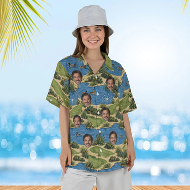 Woman wearing the Sand Trap Disaster Funny Hawaiian Golf Shirt with custom faces