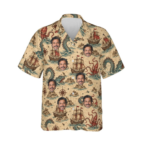 Sea Monster Map Kaiju Hawaiian Shirt personalized with printed faces, front view