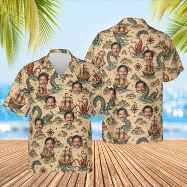 Sea Monster Map Kaiju Hawaiian Shirt with custom faces, front and back