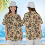 Woman wearing the Sea Monster Map Kaiju Hawaiian Shirt with custom faces, front and back view