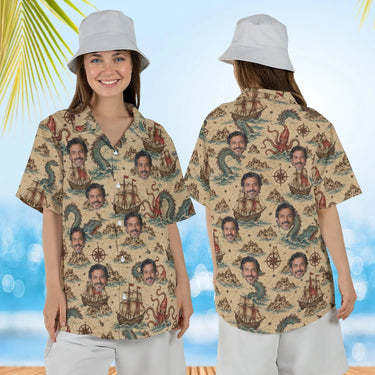 Woman wearing the Sea Monster Map Kaiju Hawaiian Shirt with custom faces, front and back view