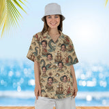 Woman wearing the Sea Monster Map Kaiju Hawaiian Shirt with custom faces