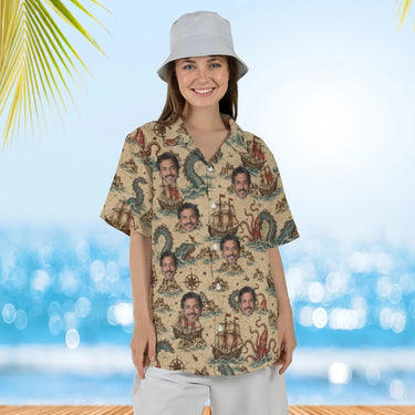 Woman wearing the Sea Monster Map Kaiju Hawaiian Shirt with custom faces