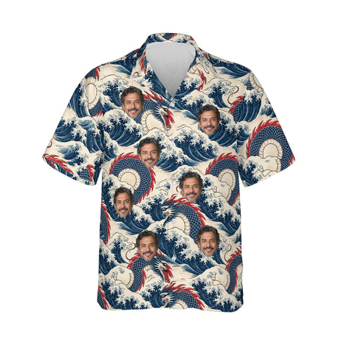 Sea Serpent Kaiju Hawaiian Shirt personalized with printed faces, front view