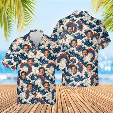 Sea Serpent Kaiju Hawaiian Shirt with custom faces, front and back