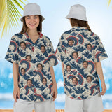 Woman wearing the Sea Serpent Kaiju Hawaiian Shirt with custom faces, front and back view