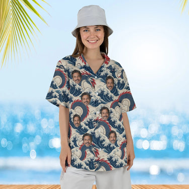 Woman wearing the Sea Serpent Kaiju Hawaiian Shirt with custom faces