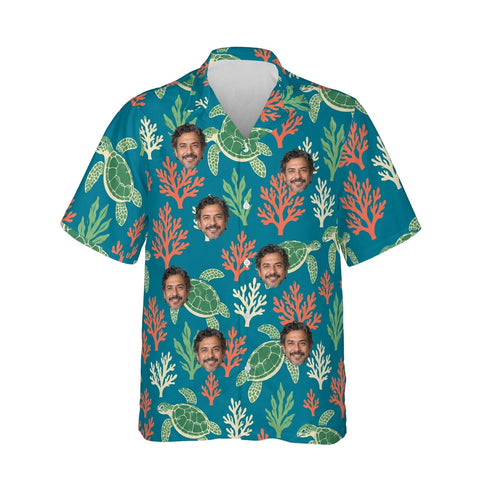 Sea Turtle Caribbean Style Hawaiian Shirt personalized with printed faces, front view