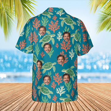 Sea Turtle Caribbean Style Hawaiian Shirt with custom faces, back view