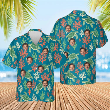 Sea Turtle Caribbean Style Hawaiian Shirt with custom faces, front and back