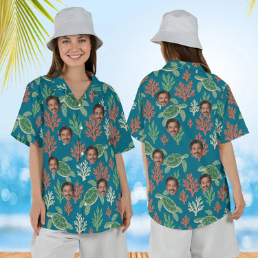 Woman wearing the Sea Turtle Caribbean Style Hawaiian Shirt with custom faces, front and back view