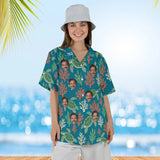 Woman wearing the Sea Turtle Caribbean Style Hawaiian Shirt with custom faces