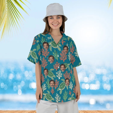 Woman wearing the Sea Turtle Caribbean Style Hawaiian Shirt with custom faces