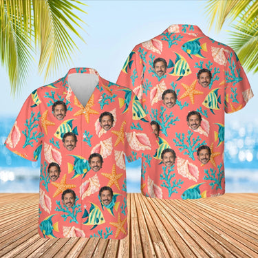 Seashell Caribbean Style Hawaiian Shirt with custom faces, front and back
