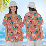 Woman wearing the Seashell Caribbean Style Hawaiian Shirt with custom faces, front and back view