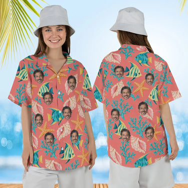 Woman wearing the Seashell Caribbean Style Hawaiian Shirt with custom faces, front and back view