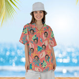 Woman wearing the Seashell Caribbean Style Hawaiian Shirt with custom faces