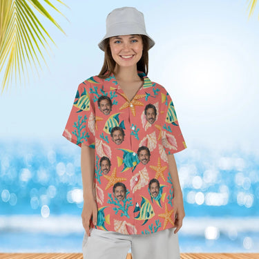 Woman wearing the Seashell Caribbean Style Hawaiian Shirt with custom faces