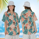 Woman wearing the Seashell Island Hawaiian Shirt with custom faces, front and back view
