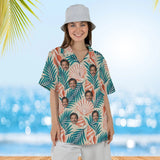 Woman wearing the Seashell Island Hawaiian Shirt with custom faces