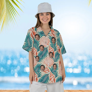 Woman wearing the Seashell Island Hawaiian Shirt with custom faces
