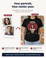 Customization guide for a senior varsity photo tee: upload one to three portraits, enter a name and class year, then select a team color pair.
