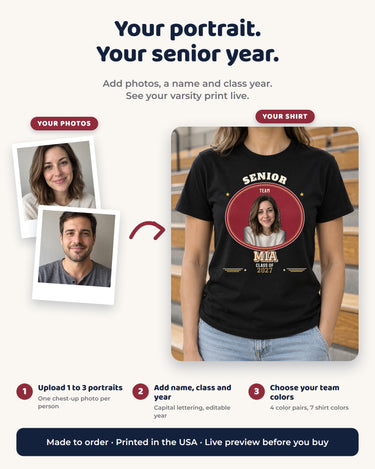 Customization guide for a senior varsity photo tee: upload one to three portraits, enter a name and class year, then select a team color pair.