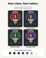 Four senior varsity artwork color choices: Cardinal and Gold, Navy and Silver, Green and White, and Purple and Gold, with the same portrait layout.