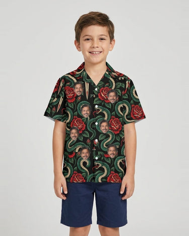 Serpent & Dagger Goth Hawaiian Shirt with printed faces, worn by a child
