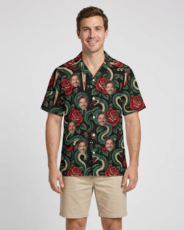 Serpent & Dagger Goth Hawaiian Shirt with printed faces, worn by a man