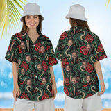 Woman wearing the Serpent & Dagger Goth Hawaiian Shirt with custom faces, front and back view