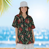 Woman wearing the Serpent & Dagger Goth Hawaiian Shirt with custom faces