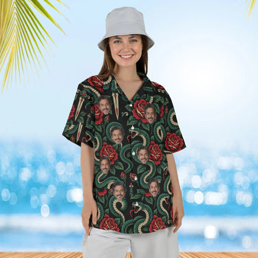 Woman wearing the Serpent & Dagger Goth Hawaiian Shirt with custom faces