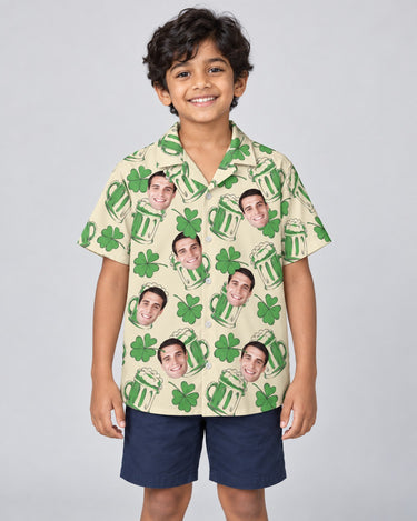 Shamrock Celebration Hawaiian shirt with printed faces, worn by a child