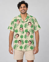 Shamrock Celebration Hawaiian shirt with printed faces, worn by a man