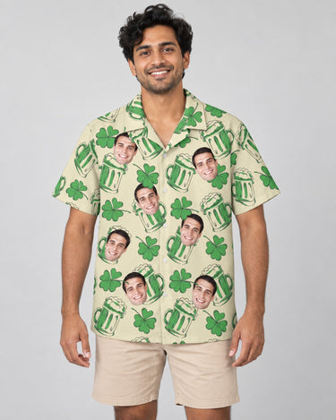 Shamrock Celebration Hawaiian shirt with printed faces, worn by a man