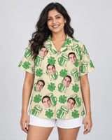 Shamrock Celebration Hawaiian shirt with printed faces, worn by a woman