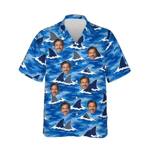 Shark Camo Hawaiian Shirt personalized with printed faces, front view