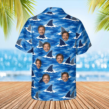 Shark Camo Hawaiian Shirt with custom faces, back view