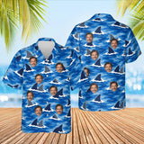 Shark Camo Hawaiian Shirt with custom faces, front and back