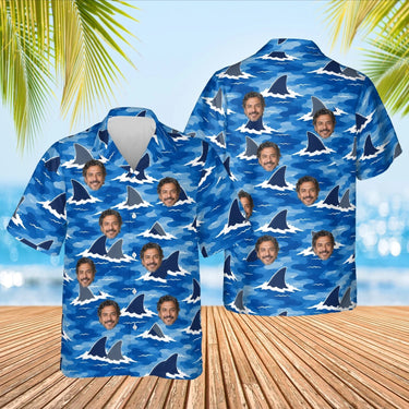Shark Camo Hawaiian Shirt with custom faces, front and back