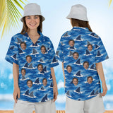 Woman wearing the Shark Camo Hawaiian Shirt with custom faces, front and back view