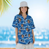 Woman wearing the Shark Camo Hawaiian Shirt with custom faces