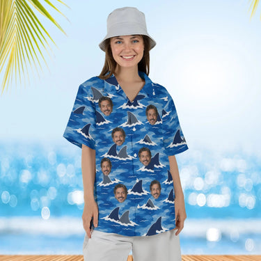 Woman wearing the Shark Camo Hawaiian Shirt with custom faces