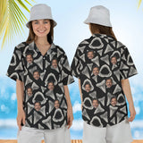 Woman wearing the Shark Teeth Hawaiian Shirt with custom faces, front and back view