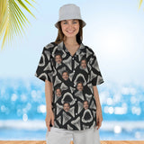 Woman wearing the Shark Teeth Hawaiian Shirt with custom faces