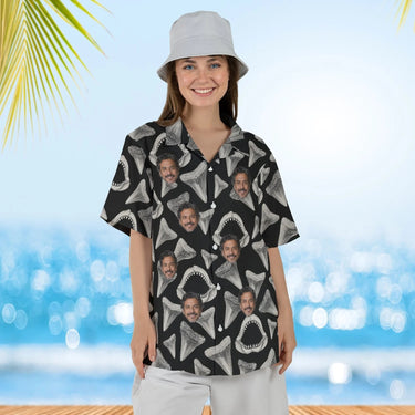 Woman wearing the Shark Teeth Hawaiian Shirt with custom faces