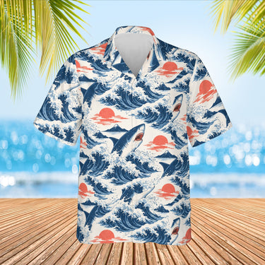 Shark Waves Hawaiian Shirt print before personalizing, front view