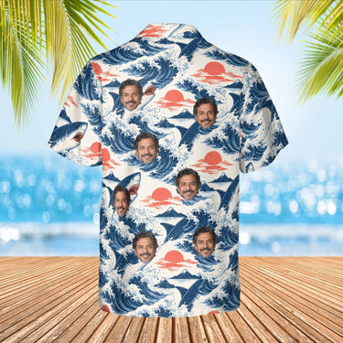 Shark Waves Hawaiian Shirt with custom faces, back view